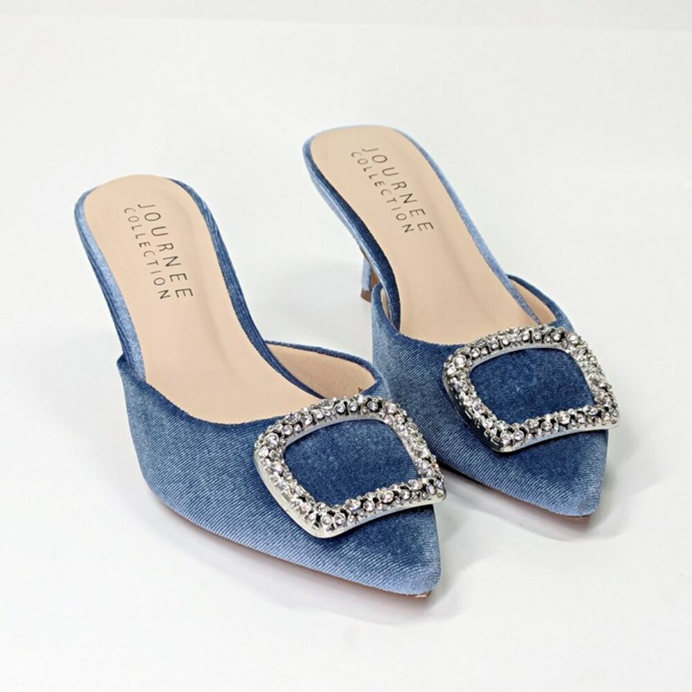 Journee Collection Women's Rishie Ornament Blue Velvet Mules Size 6.5 MSRP $100